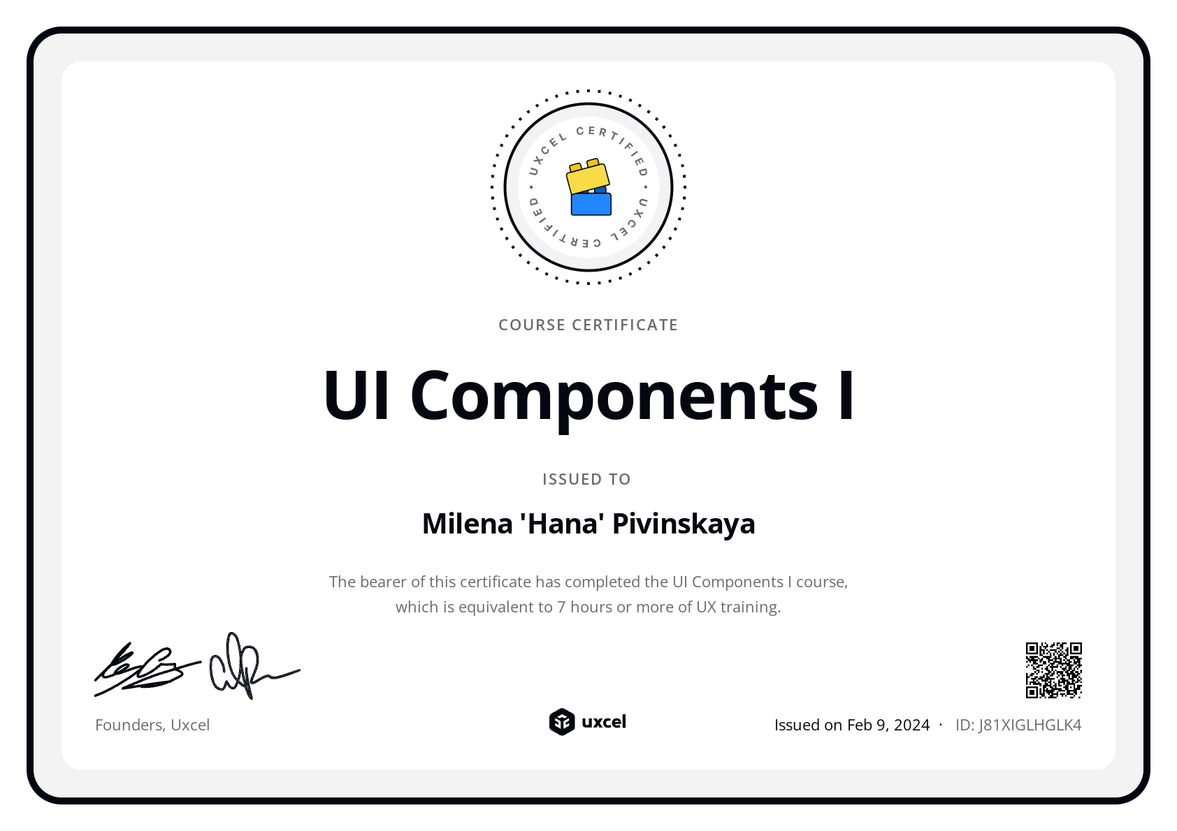 Milena 'Hana' Pivinskaya's certificate